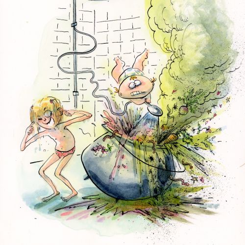 Cartoon girl shocked as a dragon bursts out from shower drain