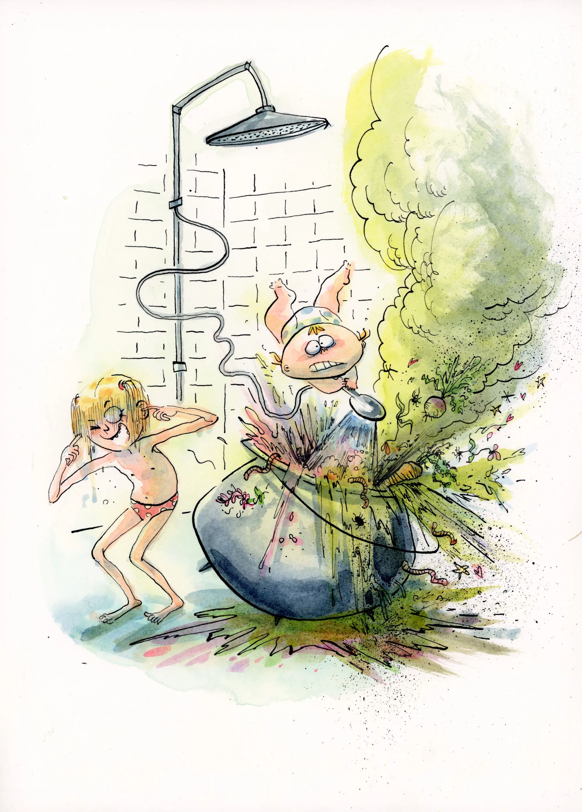 Cartoon girl shocked as a dragon bursts out from shower drain