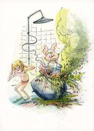 Cartoon girl shocked as a dragon bursts out from shower drain