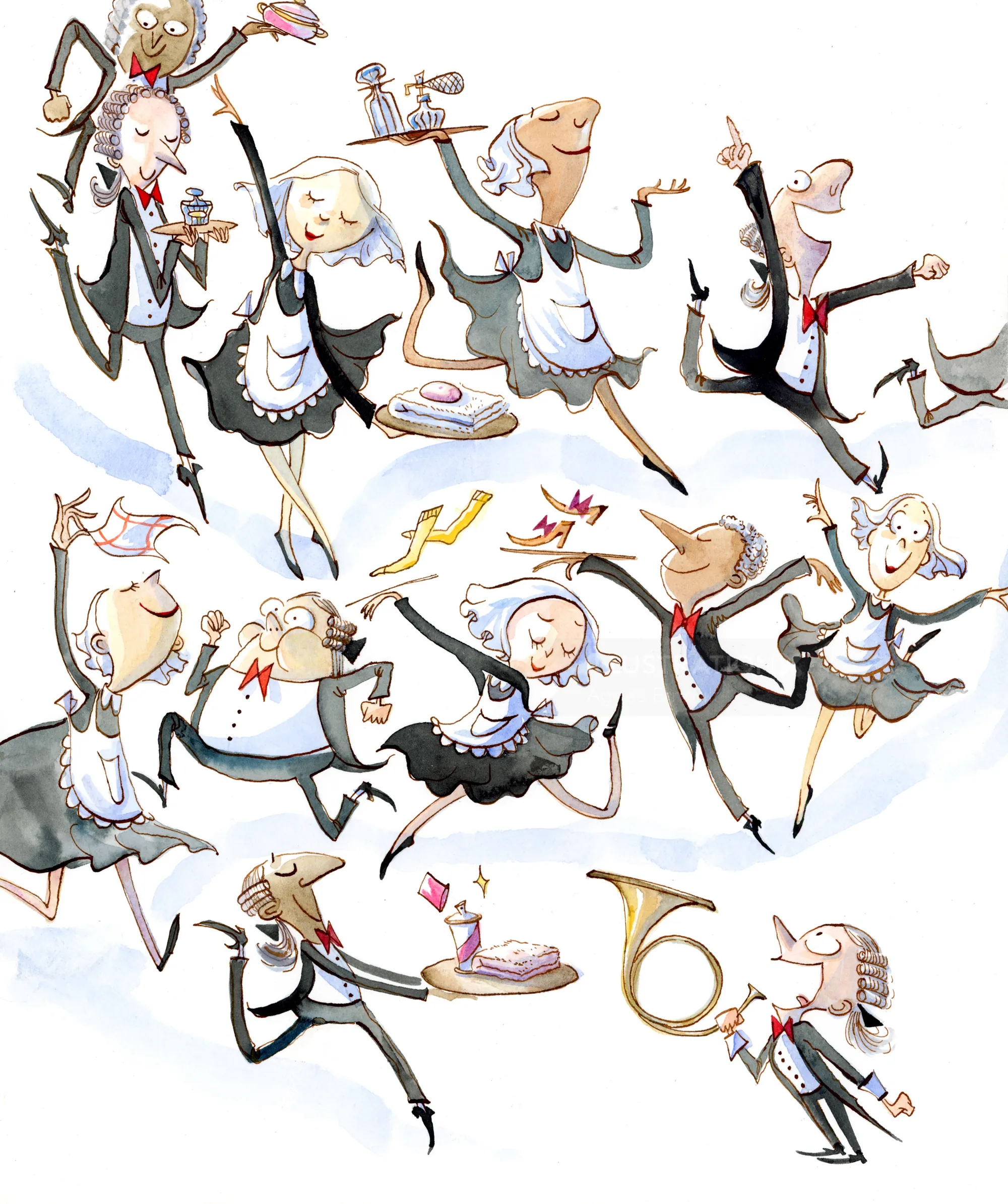 Cartoon waiters and maids dancing with trays and musical instruments