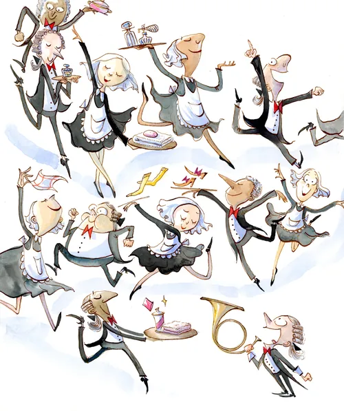 Cartoon waiters and maids dancing with trays and musical instruments