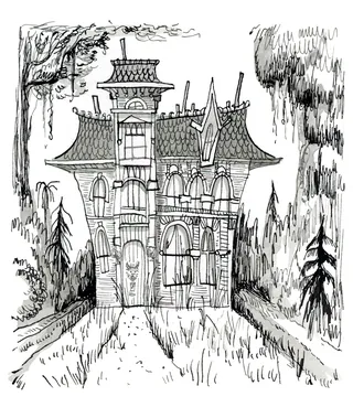 Black and white sketch of a haunted house with eerie trees