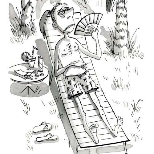 Man resting on lounge chair under palm trees with fan and drinks nearby