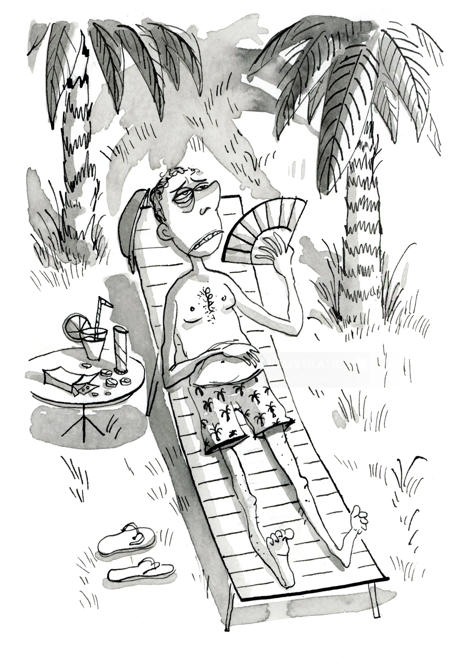 Man resting on lounge chair under palm trees with fan and drinks nearby