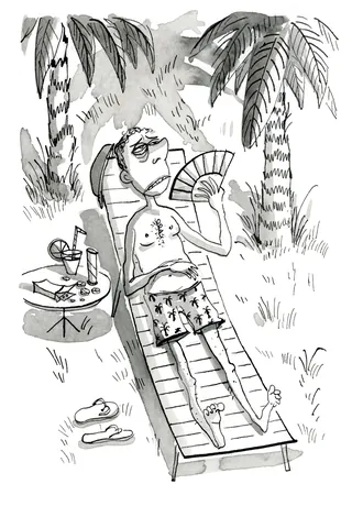 Man resting on lounge chair under palm trees with fan and drinks nearby