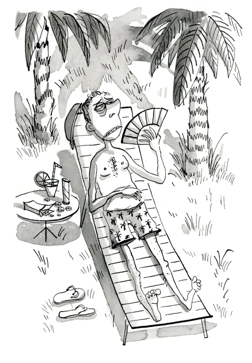 Man resting on lounge chair under palm trees with fan and drinks nearby