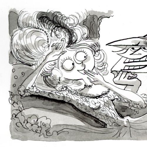 Illustration of a person in bed with a witch-like figure nearby