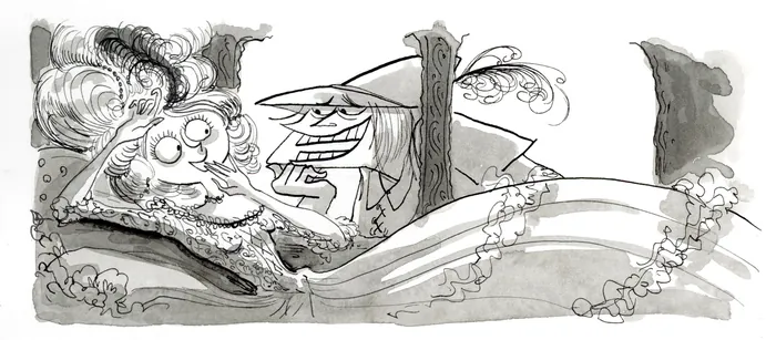 Illustration of a person in bed with a witch-like figure nearby