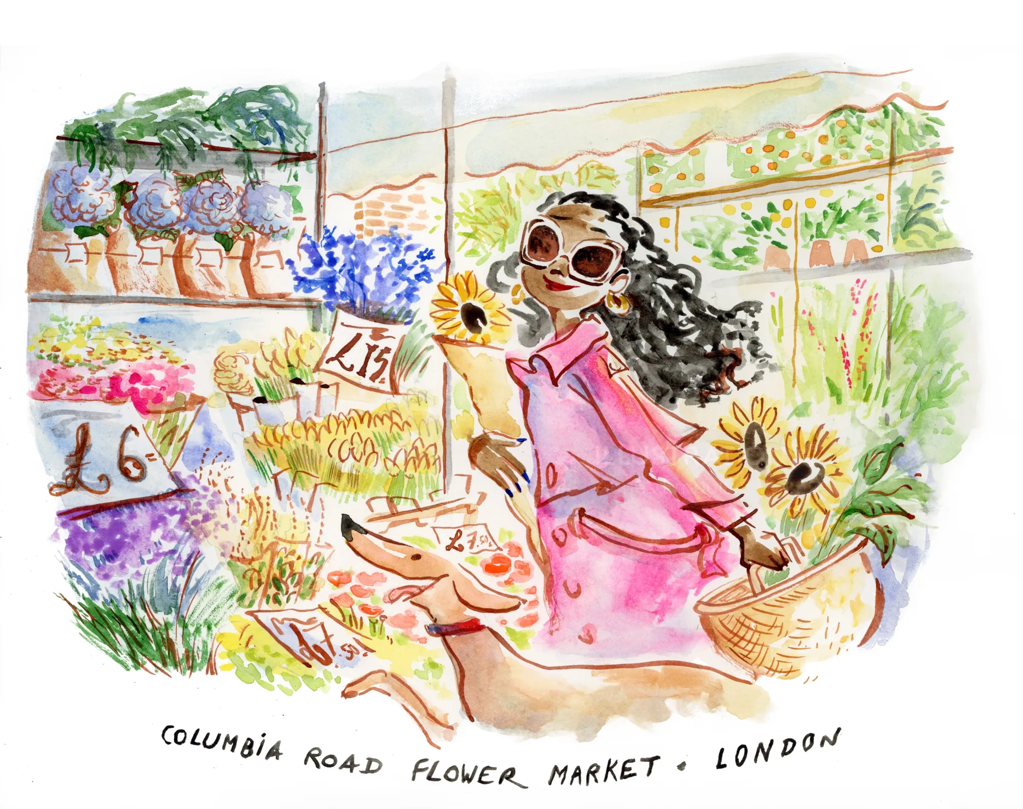 Woman with sunglasses at Columbia Road Flower Market holding sunflowers