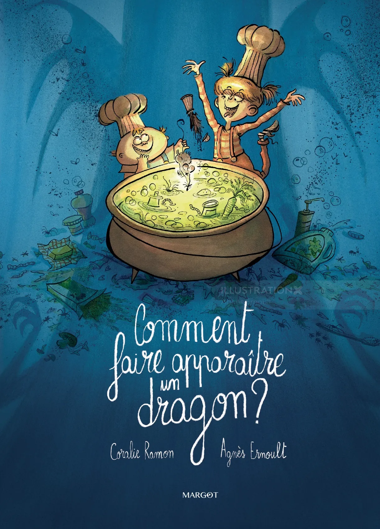 Two chefs happily cooking magical potion in a large cauldron