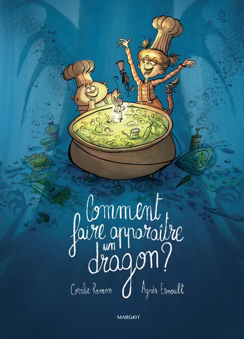Two chefs happily cooking magical potion in a large cauldron