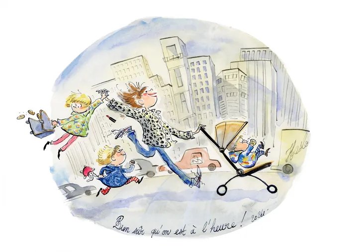 Illustration of a frantic family rushing with a fallen stroller in city