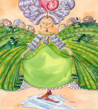 Elizabethan archduchess in green dress with dry socks on puddle