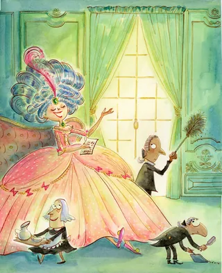 Woman in lavish dress with maids dusting and serving tea in elegant room