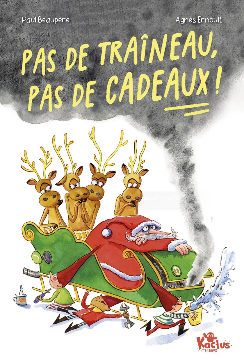 Santa in a broken sleigh with surprised reindeer and smoke