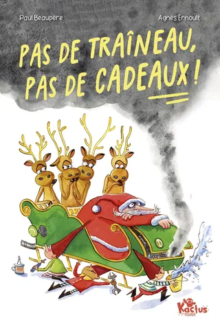 Santa in a broken sleigh with surprised reindeer and smoke