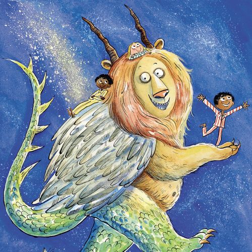 Whimsical lion-like creature holding a child on blue background