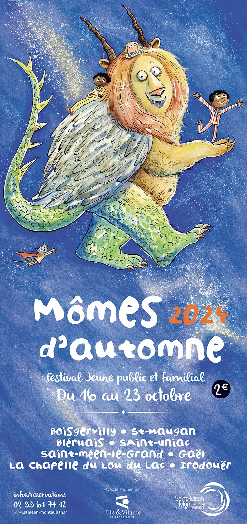 Whimsical lion-like creature holding a child on blue background