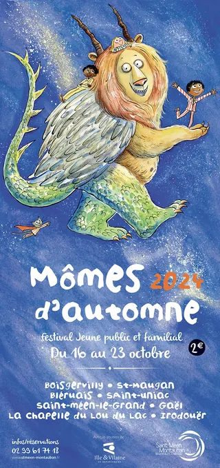 Whimsical lion-like creature holding a child on blue background