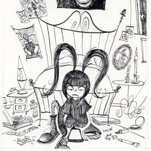 Girl sitting with large Frankenstein figure in detailed black and white drawing