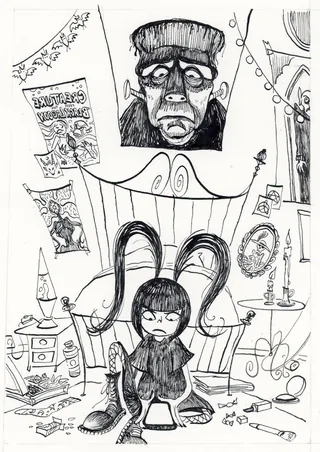 Girl sitting with large Frankenstein figure in detailed black and white drawing