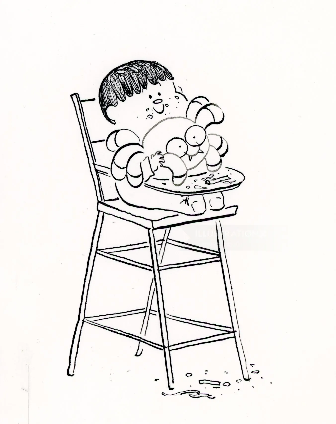 Baby sitting in a high chair eating with messy food on the floor.