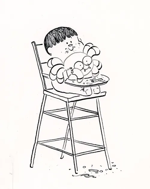 Baby sitting in a high chair eating with messy food on the floor.