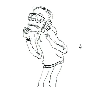 Black and white cartoon of a man with glasses and beard on phone