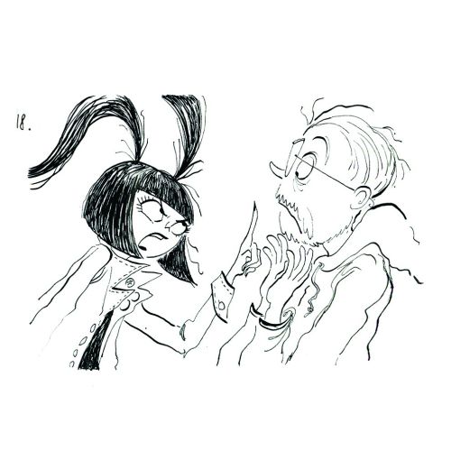 Angry girl with bunny ears confronting surprised older man