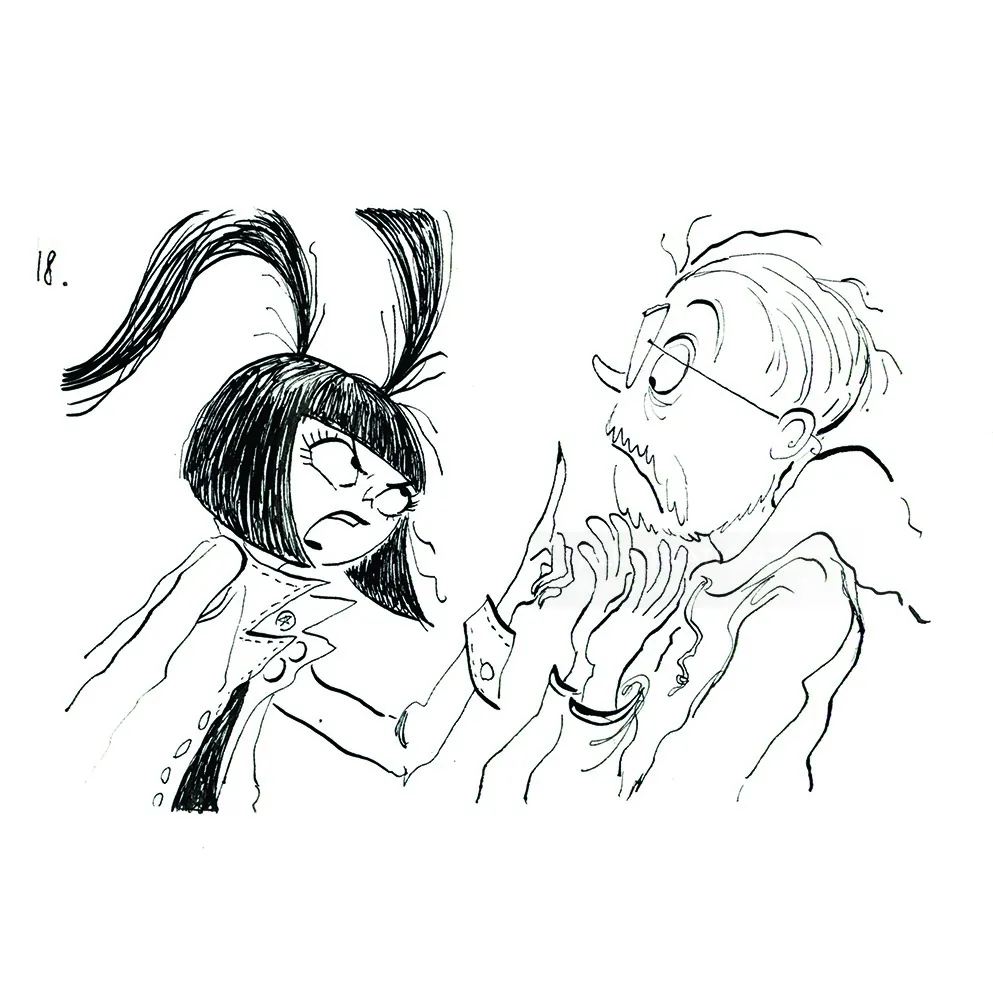 Angry girl with bunny ears confronting surprised older man
