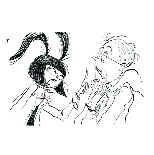 Angry girl with bunny ears confronting surprised older man