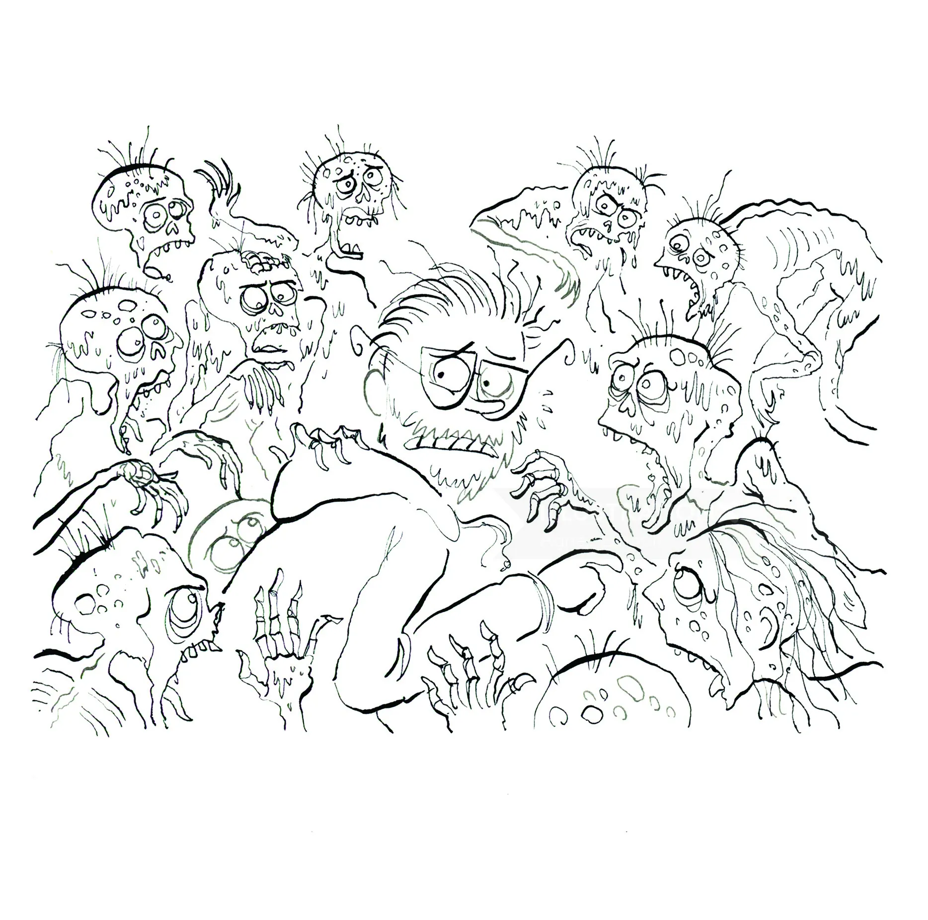 Drawing of zombies crowding around a frightened person.