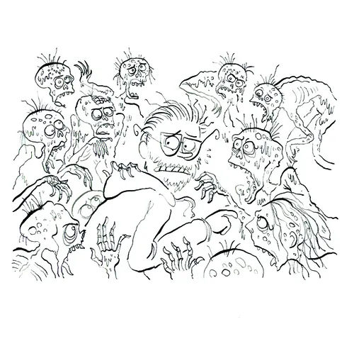 Drawing of zombies crowding around a frightened person.