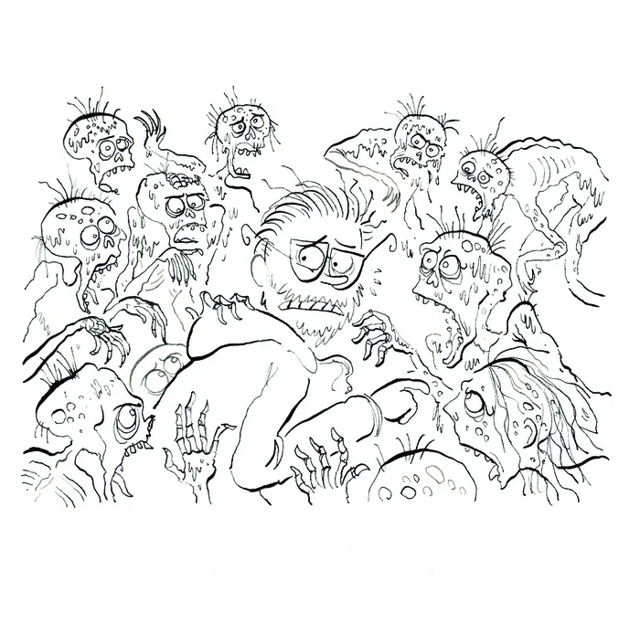 Drawing of zombies crowding around a frightened person.