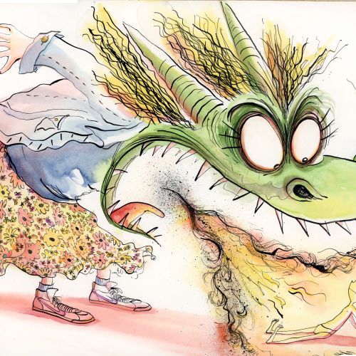 Green dragon breathing fire towards a frightened woman in floral dress