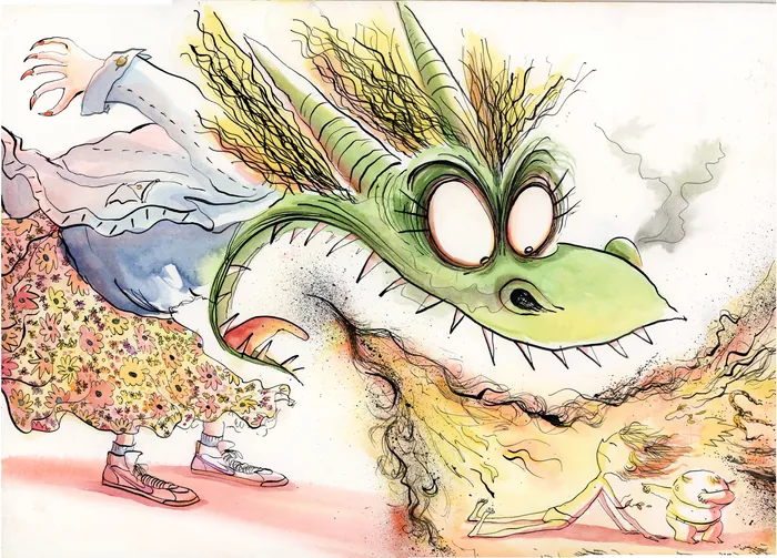 Green dragon breathing fire towards a frightened woman in floral dress