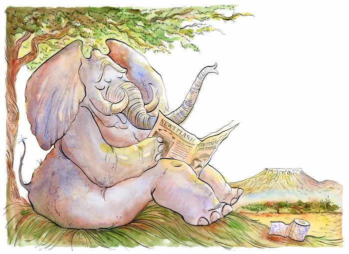 Elephant sitting under tree reading newspaper with mountain in background