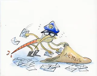 Mosquito wearing mail carrier hat delivering letters from a sack