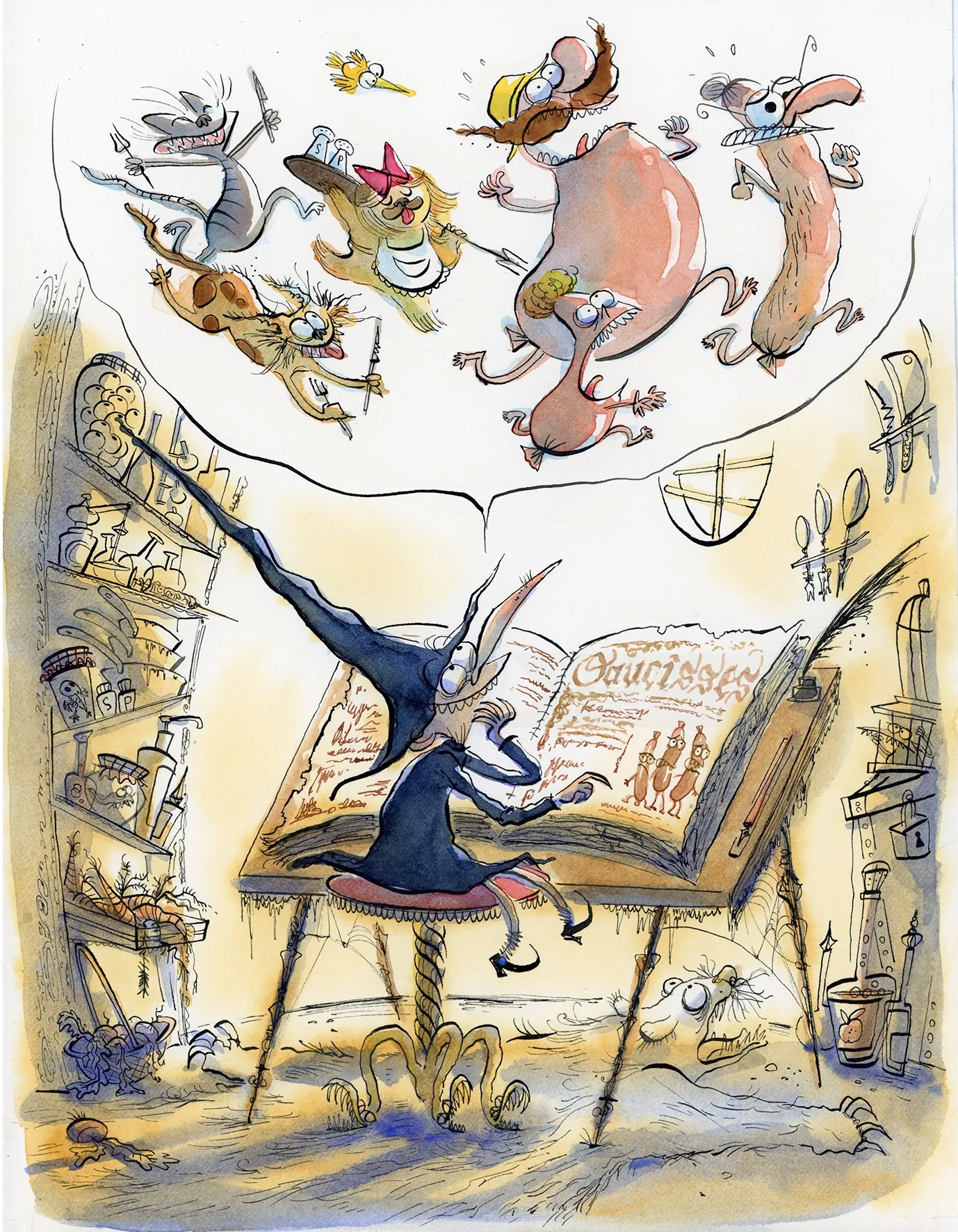 Conductor directing whimsical floating animals in vintage library