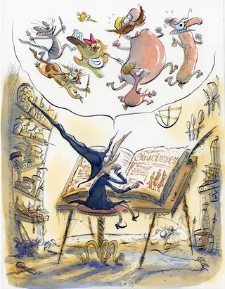 Conductor directing whimsical floating animals in vintage library