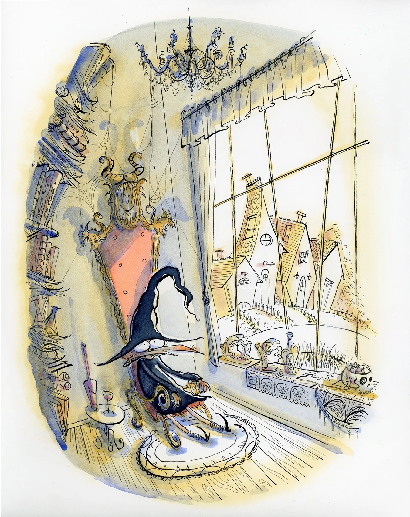 Witch sitting on a chair by a window in a cozy room with books