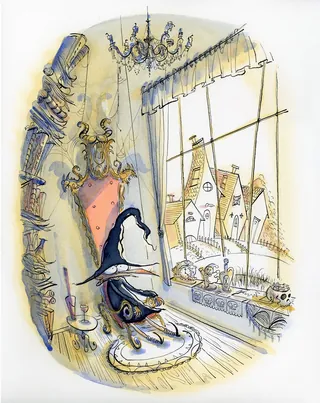 Witch sitting on a chair by a window in a cozy room with books