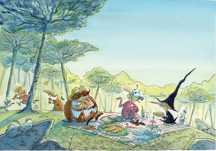 Three whimsical characters having a picnic in a sunny forest clearing