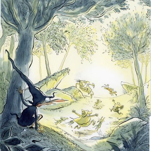 Illustration of animals playing in a lush, sunlit forest clearing.
