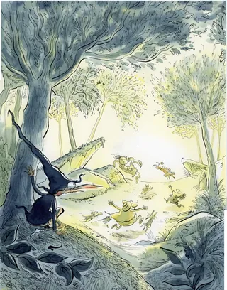 Illustration of animals playing in a lush, sunlit forest clearing.