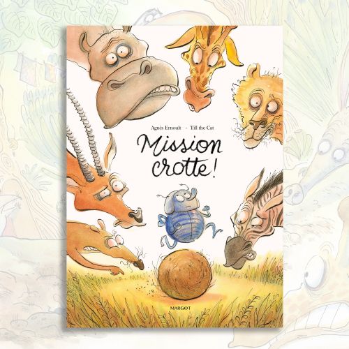 Cartoon animals surrounding a blue dung beetle rolling a ball