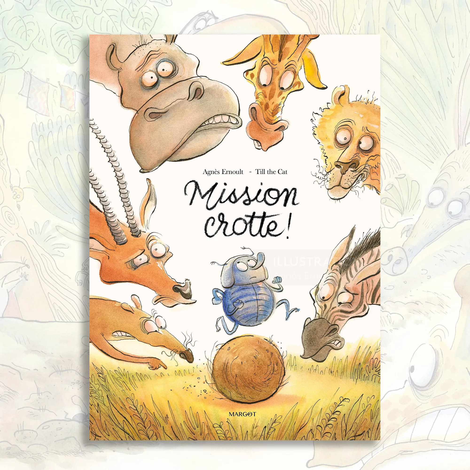 Cartoon animals surrounding a blue dung beetle rolling a ball