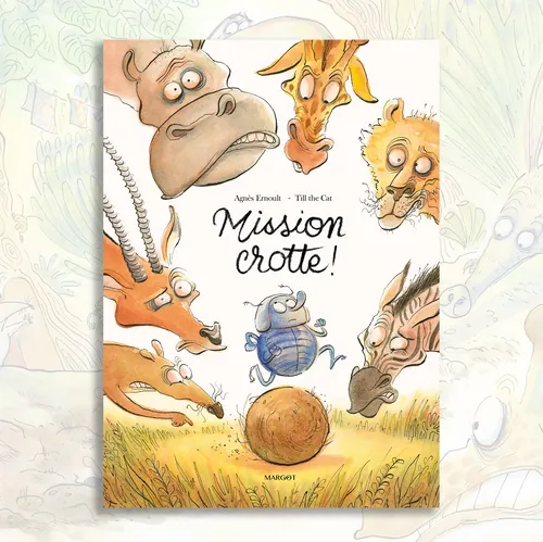 Cartoon animals surrounding a blue dung beetle rolling a ball