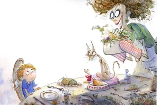 Woman serving food with a cat and child at a table