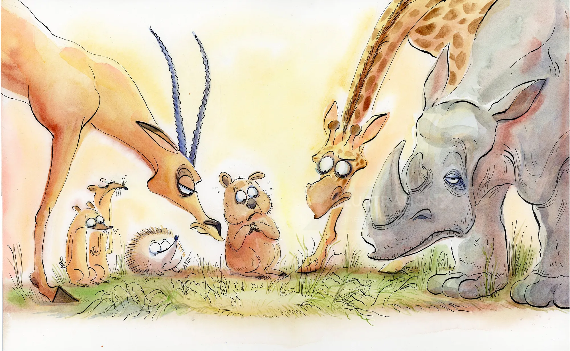 Cartoon animals including giraffes, rhino, and meerkats looking at a small object
